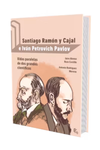 Cubierta del eBook Cajal y Pavlov biografía científica, ilustración comparativa de dos científicos de perfil